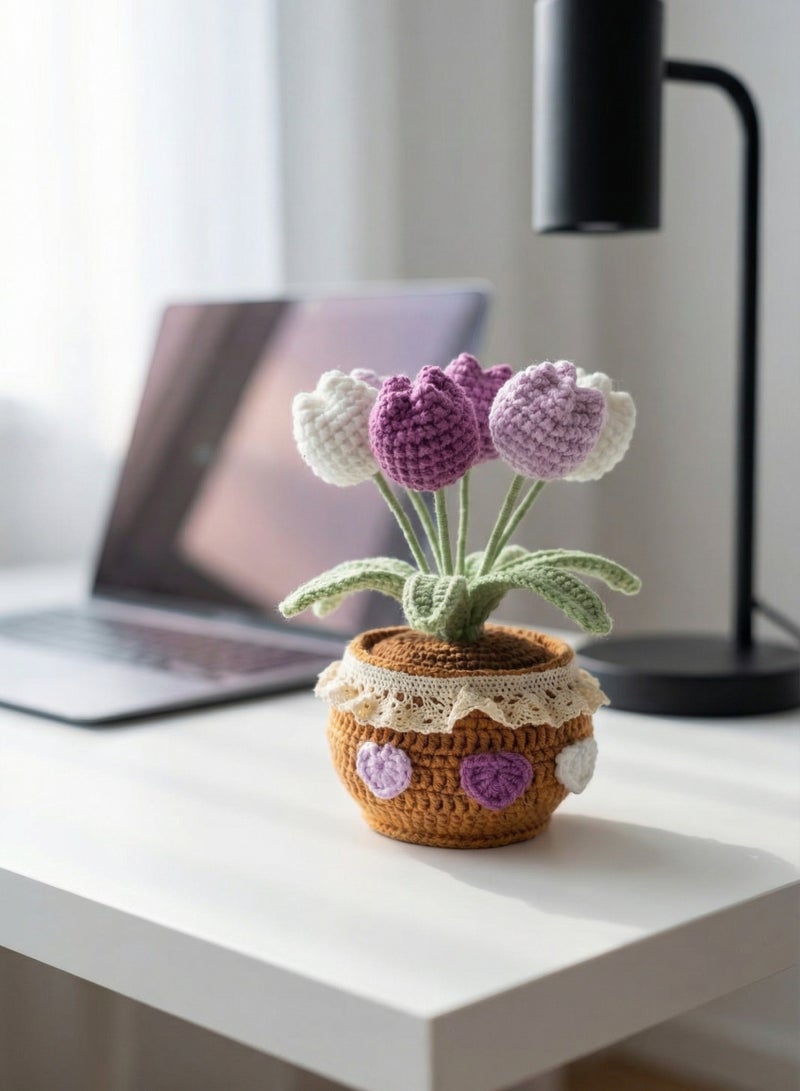 Handmade Crochet Tulip Bouquet in Pot - 3 Color Finished Artificial Flowers for Home Desk Decor, Gift for Mother, Wife, Girlfriend on Mother's Day, Eid - Ready to Use Gift Set - Image 3
